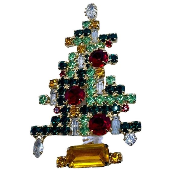 Signed Lawrence VRBA Vintage Christmas Tree Pin Brooch Star Holiday Jewelry - Picture 1 of 9